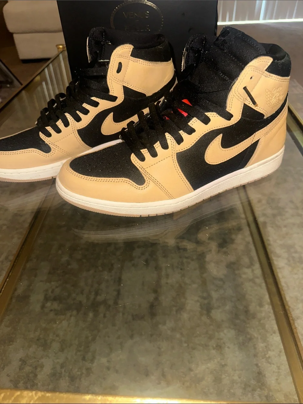 Nike Air  High-Top Sneakers in Black and Tan with Red Accents